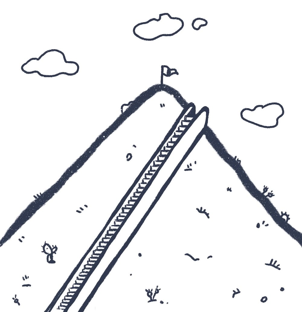 A cartoon of an escalator up a steep mountain